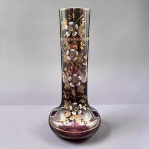 Amethyst Purple Bohemian Art Glass Vase Hand Painted Enamel Flowers Gold Trim 9”